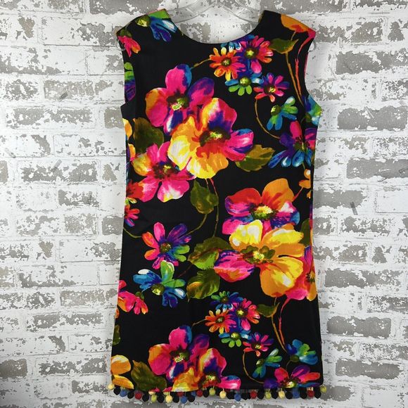 Vtg GoGo Dress Sz M Matching Shawl & Skirt‎ Handmade Bright Flowers Pom Pom Trim - Picture 4 of 16